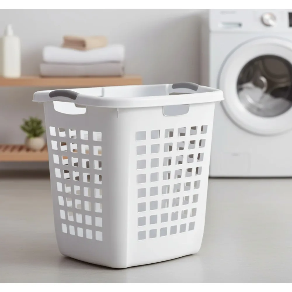 

4-Pack White Plastic Laundry Hamper with Comfort Handles, Easy Carry for Bedroom & Laundry Room Storage