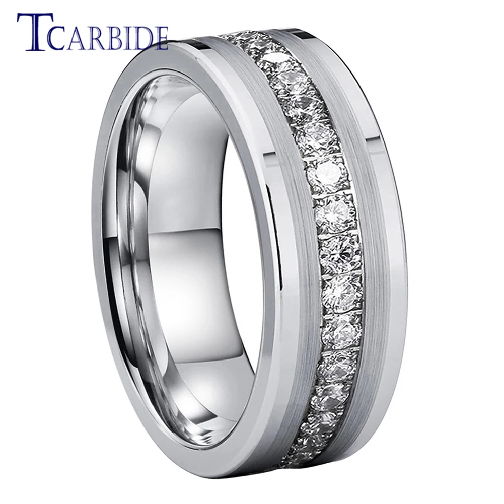TCarbide 8mm Cool Men Women Wedding Band Tungsten Steel Combination Ring rhinestones Inlay Brushed Polished Comfort Fit