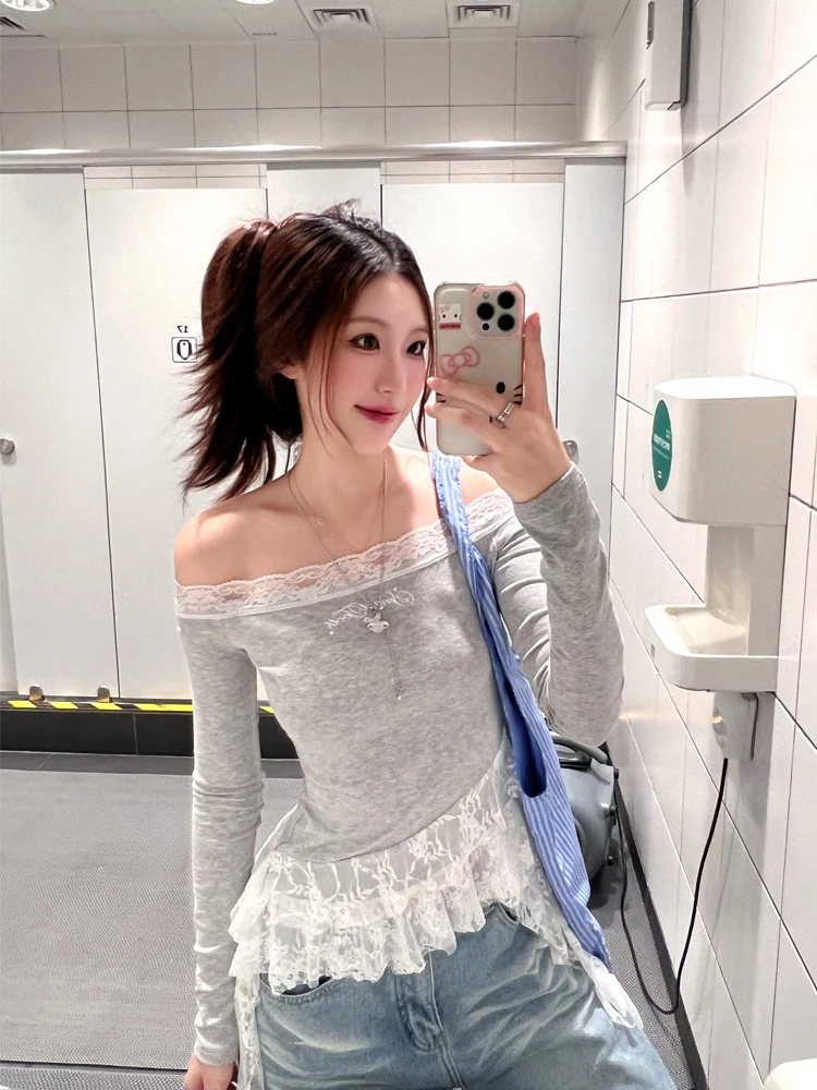 

77lin Американский стиль, модный кружевной топ на одно плечо с длинным рукавом, женская осенняя модель, приталенный, из чистого хлопка, влагоотводящий.
