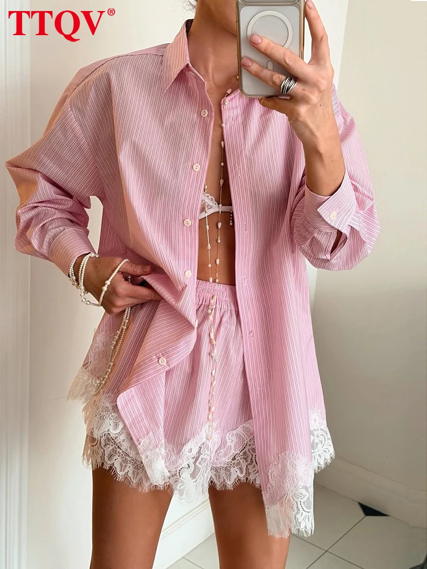 

TTQV Fashion Loose Stripe Print Shorts Set 2 Piece Woman Elegant Long Sleeve Shirt With High Waist Shorts Set Female Clothing