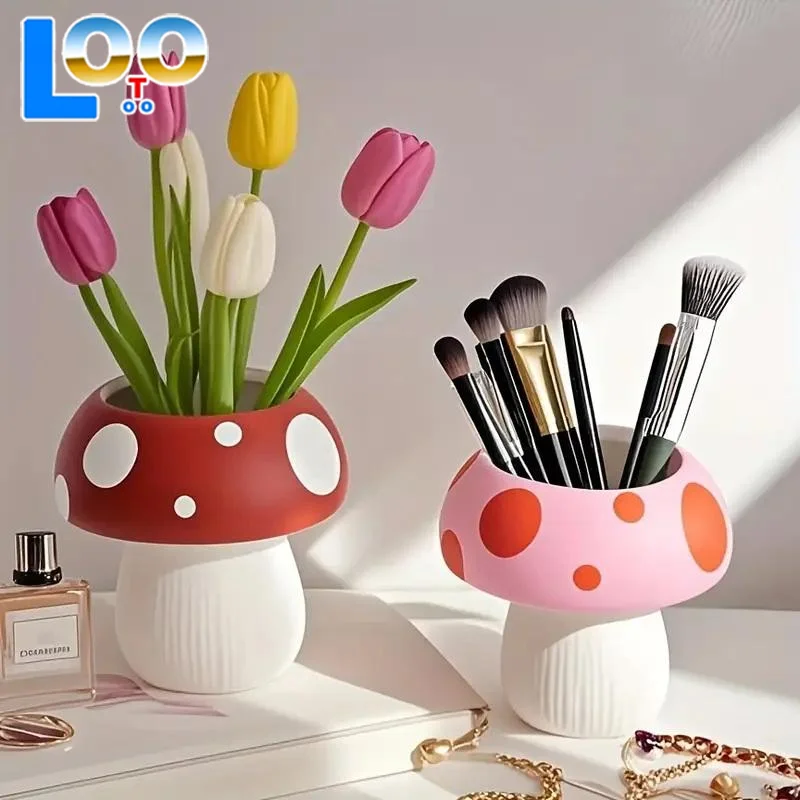 Seri Wadah Pena Keramik Bentuk Jamur yang Lucu, Cocok untuk Wadah Kuas Rias, Perlengkapan Kantor, Dekorasi Meja Kerja yang Kreatif