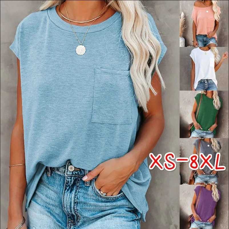 Letnie topy modne ciuchy damskie na co dzień z krótkim rękawem Pure Color luźne t-shirty damskie bluzki z odkrytymi ramionami, okrągłym dekoltem, bawełna