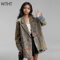 WTHT Trendy Women's Gray Plaid Graffiti Design Loose Casual Blazer 2024 Autumn Fashion Lapel Long Sleeves Jacket Female 1LS082