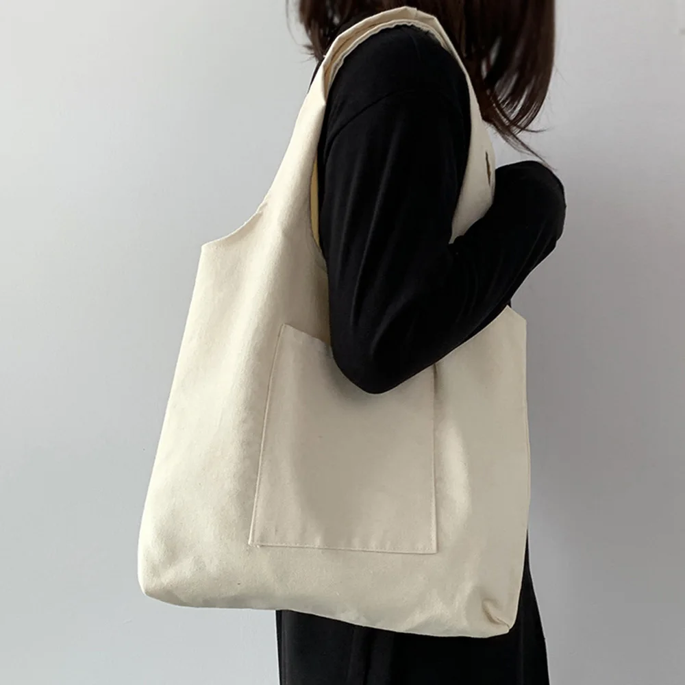 Beige Canvas Shopping Bag Women Girl Reusable Eco Black HandBags Non-woven fabric Large Capacity Solid Color Tote Bags 42X36cm