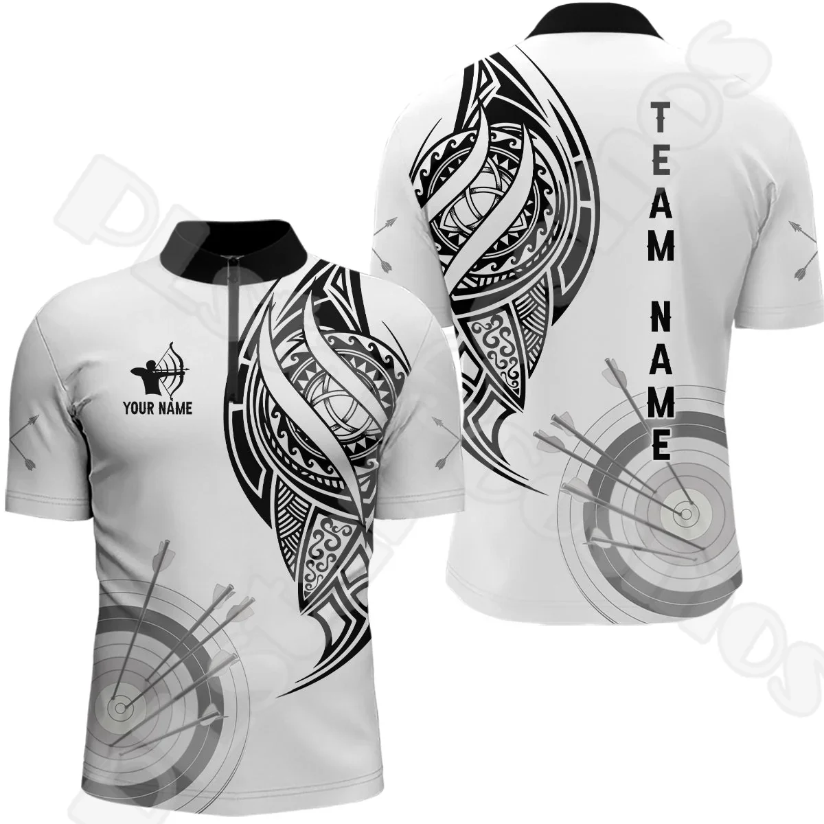 Custom Name Archery Shooting Player Flame Graffiti Tattoo Retro 3DPrint Harajuku Summer Short Sleeves Zip Polo Shirts Jersey X6