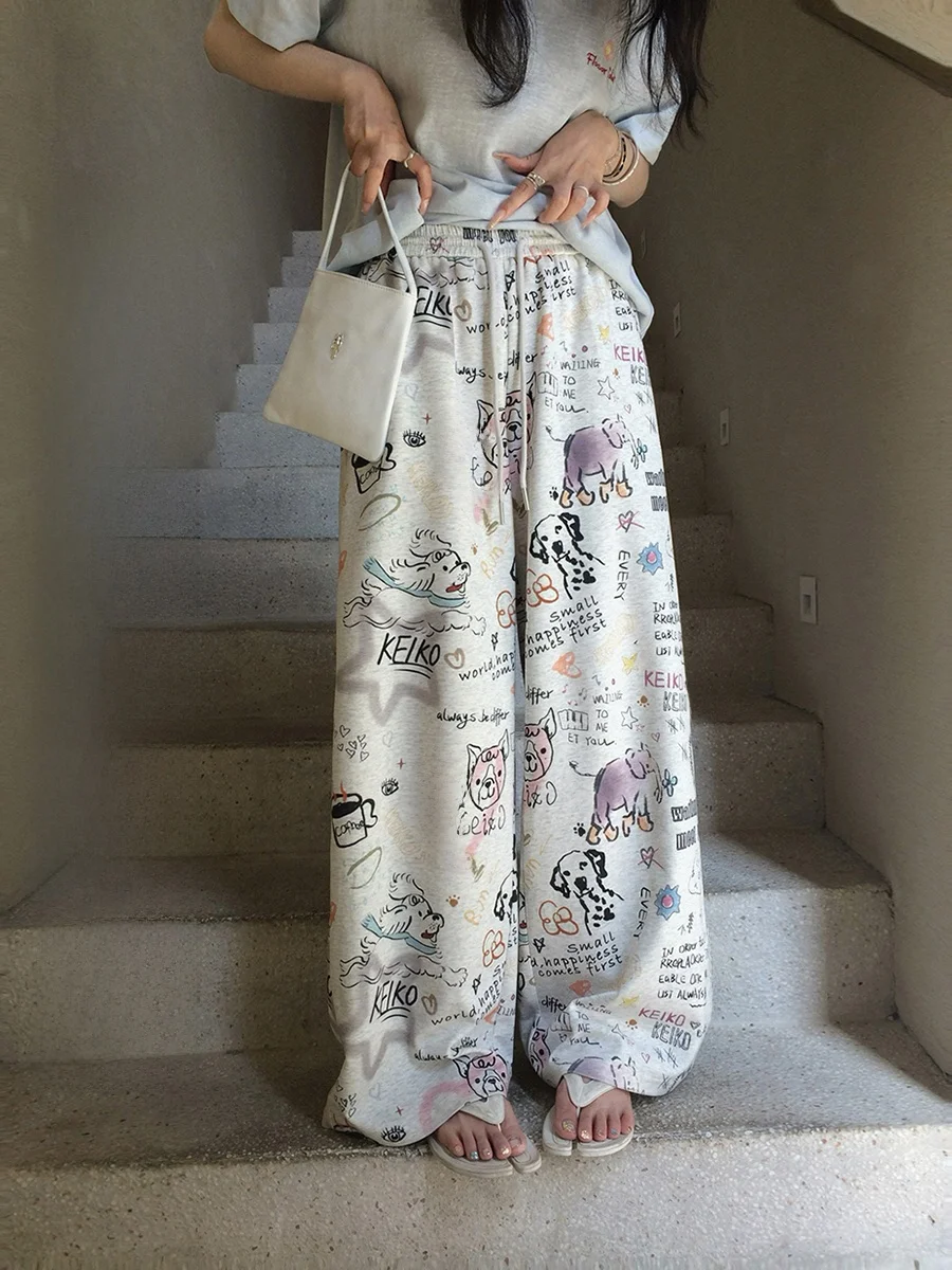 

Ibell Zhang Kids Casual Trousers High Elastic Waist Wide Leg fiti Print Versatile Casual Comfortable Cotton Blend Trousers