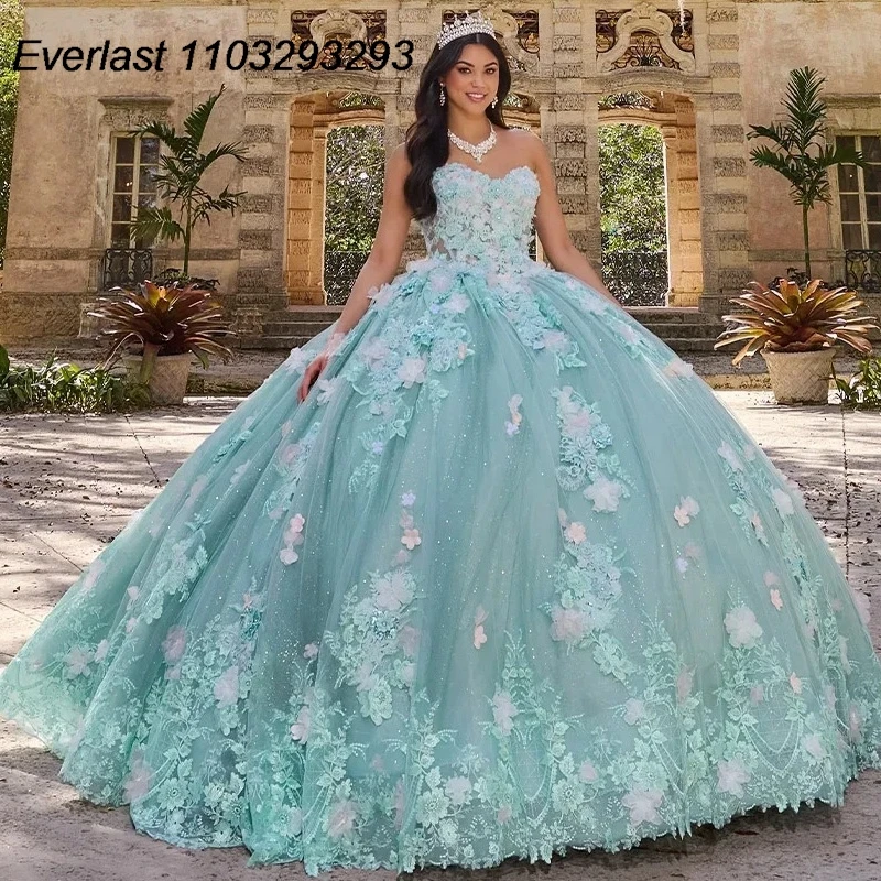 EVLAST Customized Mint Green Quinceanera Dress Ball Gown 3D Floral Applique Beading Corset Sweet 16 Vestido 15 De Años TQD278