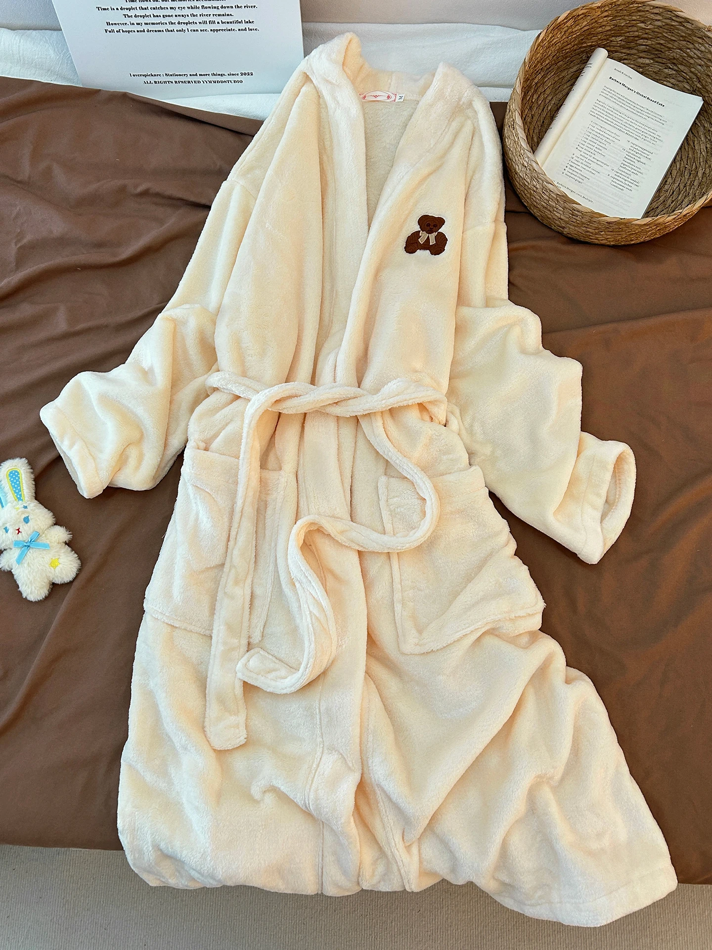 women's-coral-fleece-pajamas-long-sleeve-v-neck-thickened-flannel-home-clothes-winter-warm-cartoon-bear-belted-robe-bathrobe
