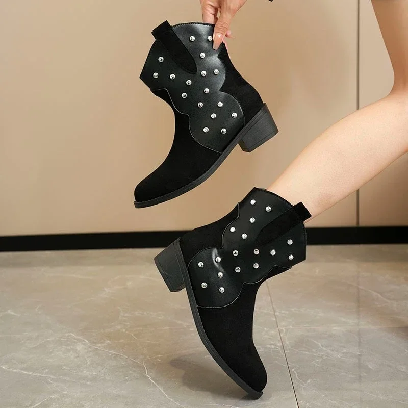 Big Size Explosive European and American Fashion Round Head Metal Rivets Belt Buckle Boots Foreign Trade Women's Boots