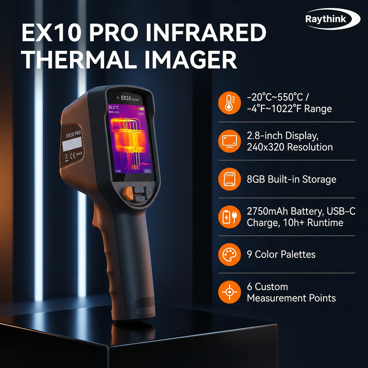 Raythink EX10 Pro Thermal Camera 9 Color Palettes 8GB Storage 2.8 Inch Display 2750mAh USB Type-C for Home Maintenance