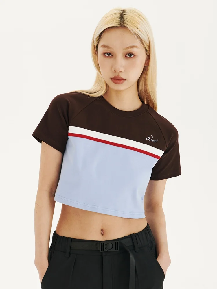 Korean style Summer Women Cotton Round Neck Contrast Color Sexy Exposed Navel Stripes YK2 Fashion A crop T-shirt