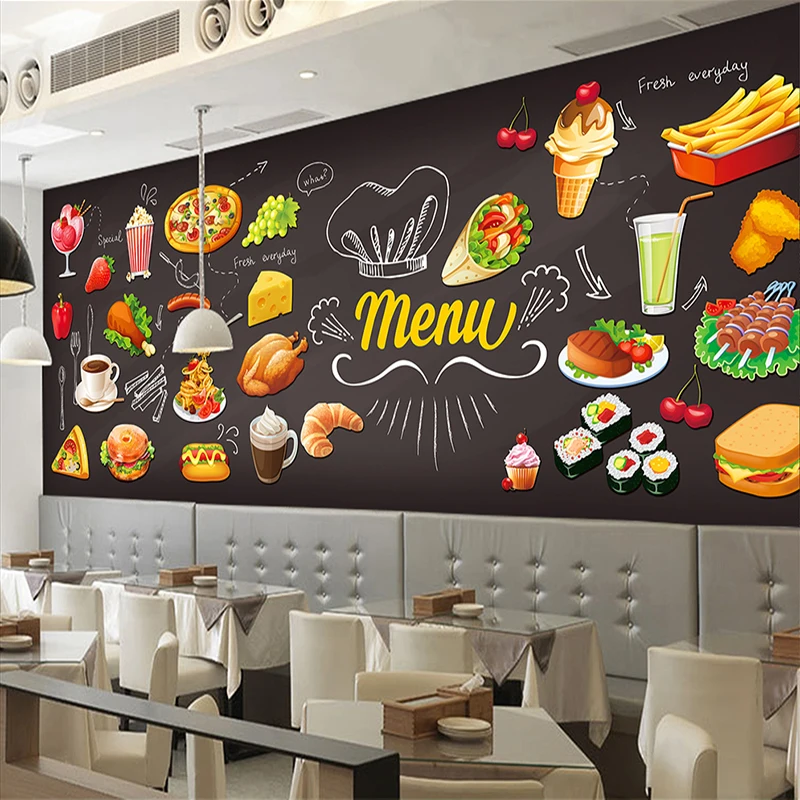 Personalized Blackboard Graffiti Food Mural Wallpaper Cake Shop Cafe Hamburger Shop Restaurant Photo Wallpaper Wall Covering 3D