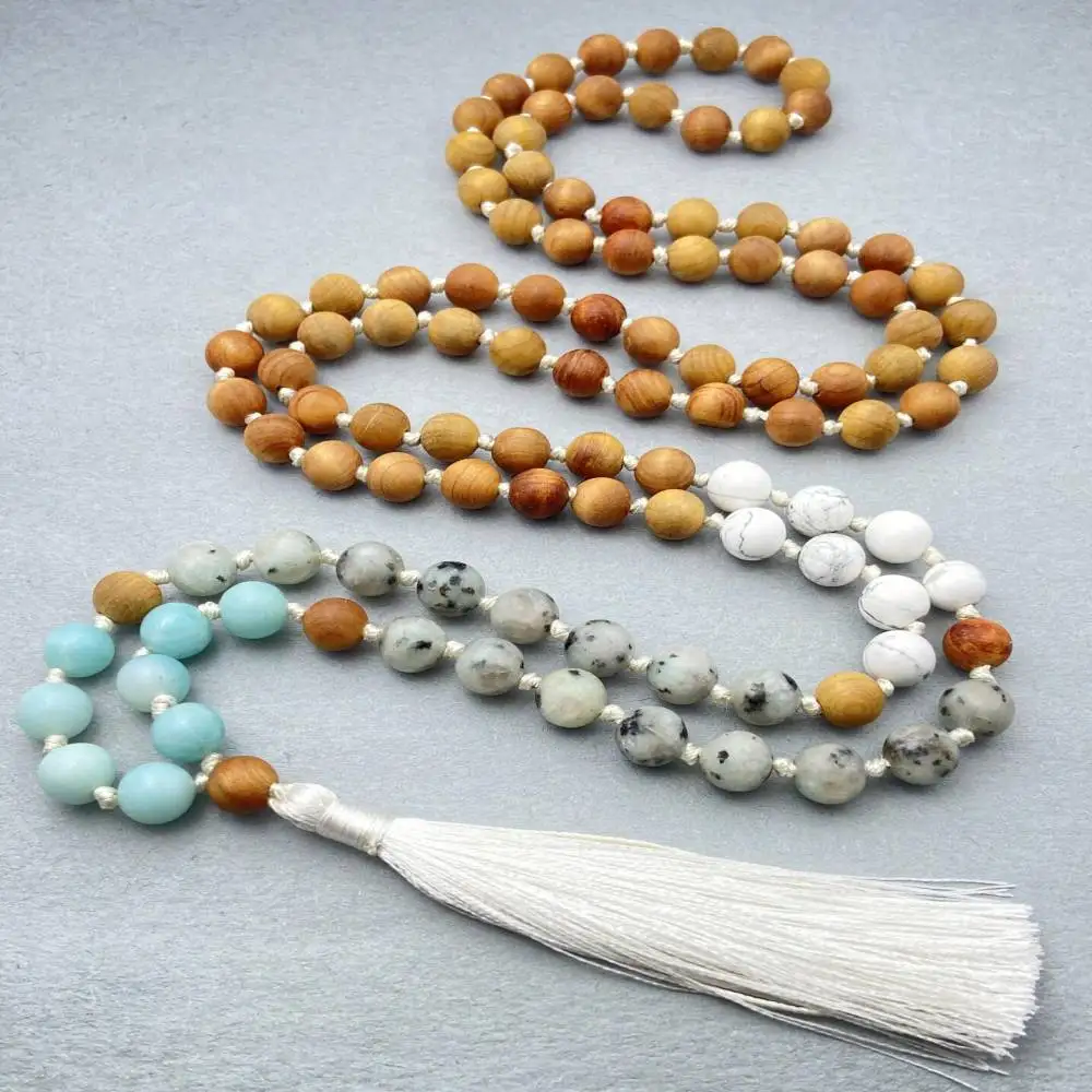 

Natural Sandalwood 108 Beads Mala Necklace with Amazonite & Howlite Accent White Tassel Spiritual Jewelry