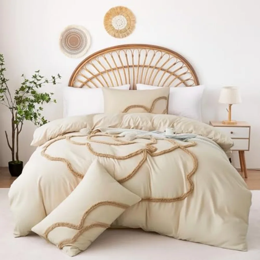 

Duvet Cover Size 3 Pieces Duvet Covers Set Boho Tufted Comforter Sets with Zipper Closure Soft Breathable Floral Bedding Set fo