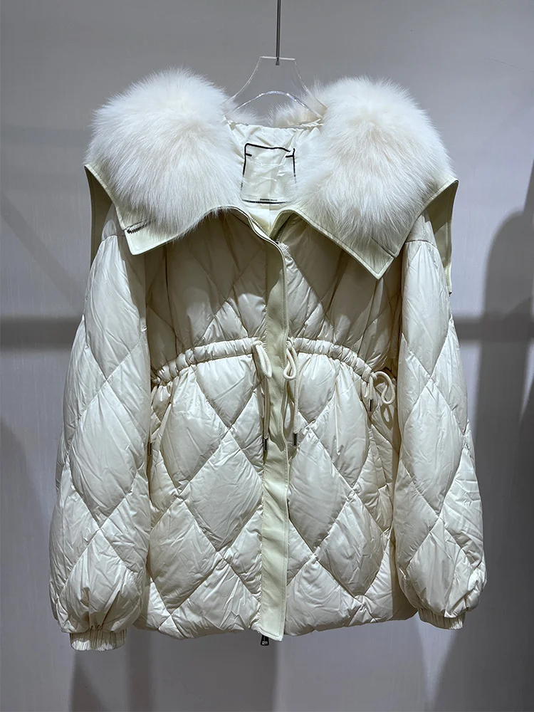 เสื้อแจ็คเก็ตขนห่านแท้สำหรับผู้หญิง ฤดูหนาวปี 2025  คอปกขนสุนัขจิ้งจอกแท้  แบบมีฮู้ด  หนา อุ่น  ทรงหลวม  หรูหรา