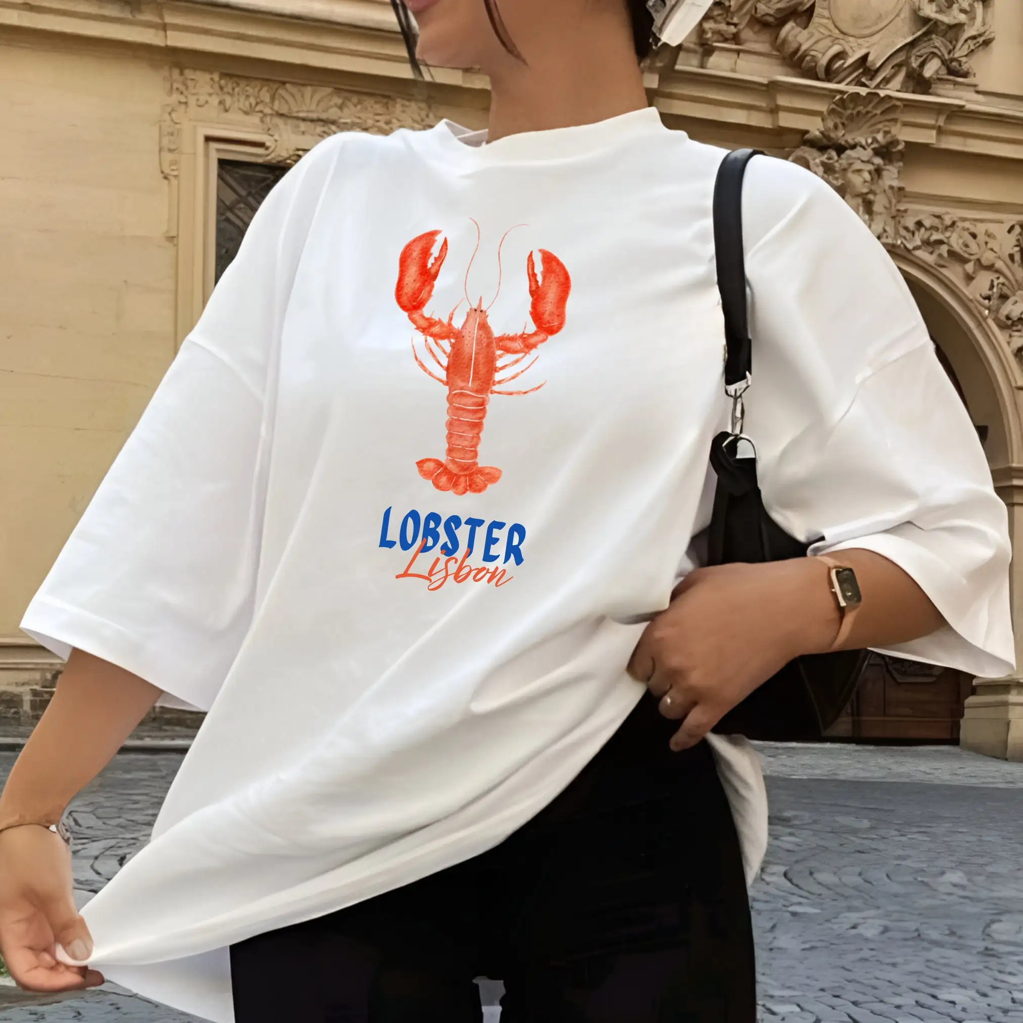 2024 New Fashion Summer Holiday Trip Casual Female T-shirt Cartoon Lobster Print Women Shirt New Trend Street Simple Girl Tee