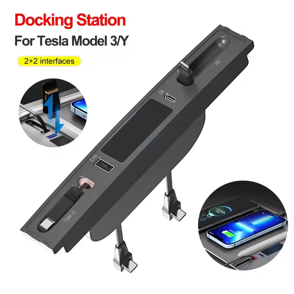 USB Hub Docking Station For Tesla Model 3 Y with Cables Center Console 27W PD Type C Quick Charger