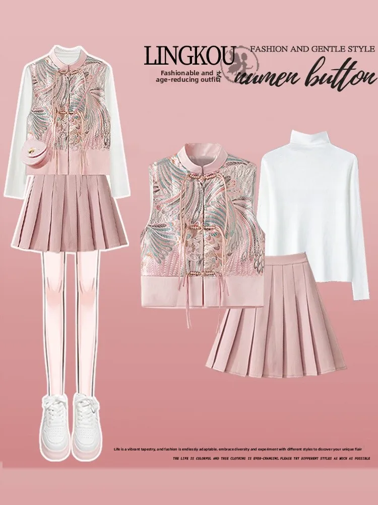 

Anti-Aging Large Size Summer Set Women's New Chinese Style National Trend Button Vest Base Shirt with Pink Pleated Skirt Thre...