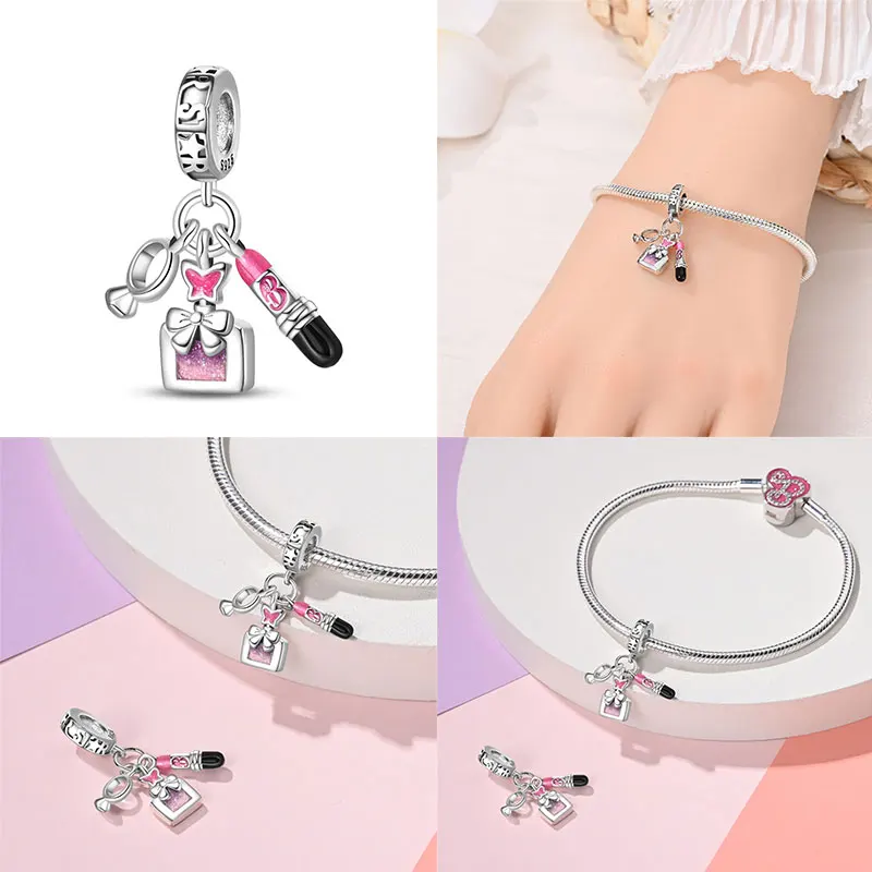 100% 925 Silver Hot Sale Pink Series Stars & High Heels Charms Fit 925 Original Bracelets DIY Jewelry Making For Women Gift view 4