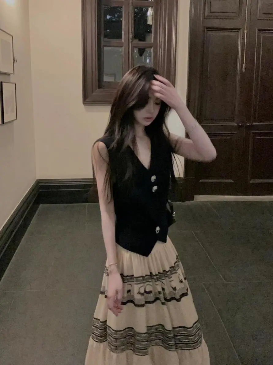 

2 Piece Sets Womens Outfits Casual Summer New High-end Simple Advanced Temperature Lazy Style Vest Cardigan and Long Skirt
