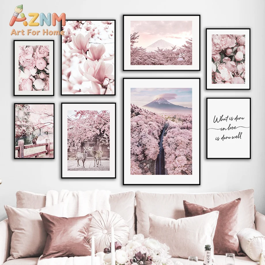 AZNM Japanese Style Pink Cherry Blossom Mount Fuji Canvas Wall Art Peony Magnolia Deer Inspirational Text Print for Bedroom Livi