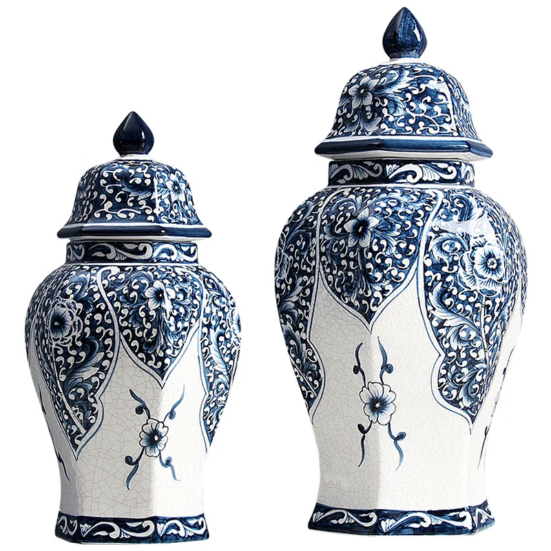 Nordic Blue Pattern General Jar Vase Flower Arrangement Desktop Decoration Large Ceramic Sealed Storage Home