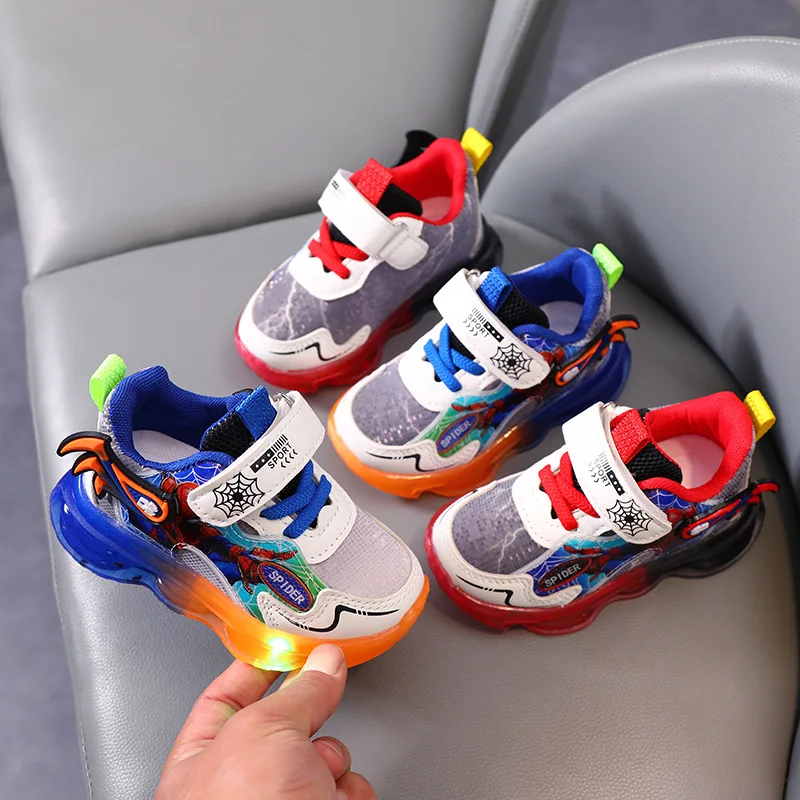 New Kids Boys Led Light Shoes Sneakers Girls Cartoon Spiderman Spring Autumn Breathable Children Baby Toddler Casual Sport Shoes