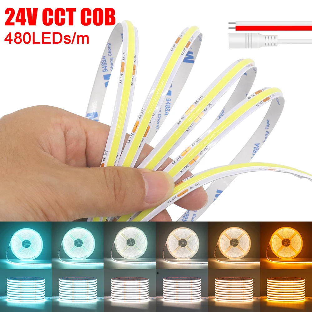 480LEDs/m 5m 10m CCT COB LED Strip Yellow to Ice Blue DC24V RA90 Flexible Linear Light Tape 2200K 3000K 4000K 6000K 8000K 0.5m