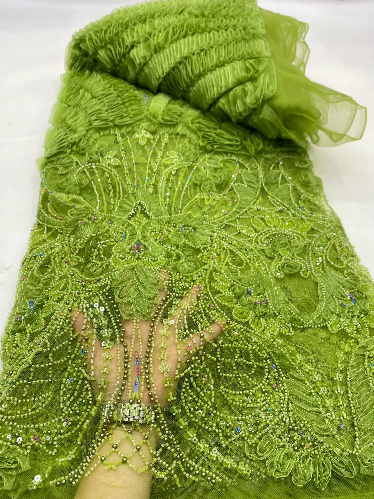 

Nigerian Sequins Tulle Lace Fabric High-Quality Embroidery African Net Cloth for Prom Dresses Beads 5 Yards 2025 DP0489