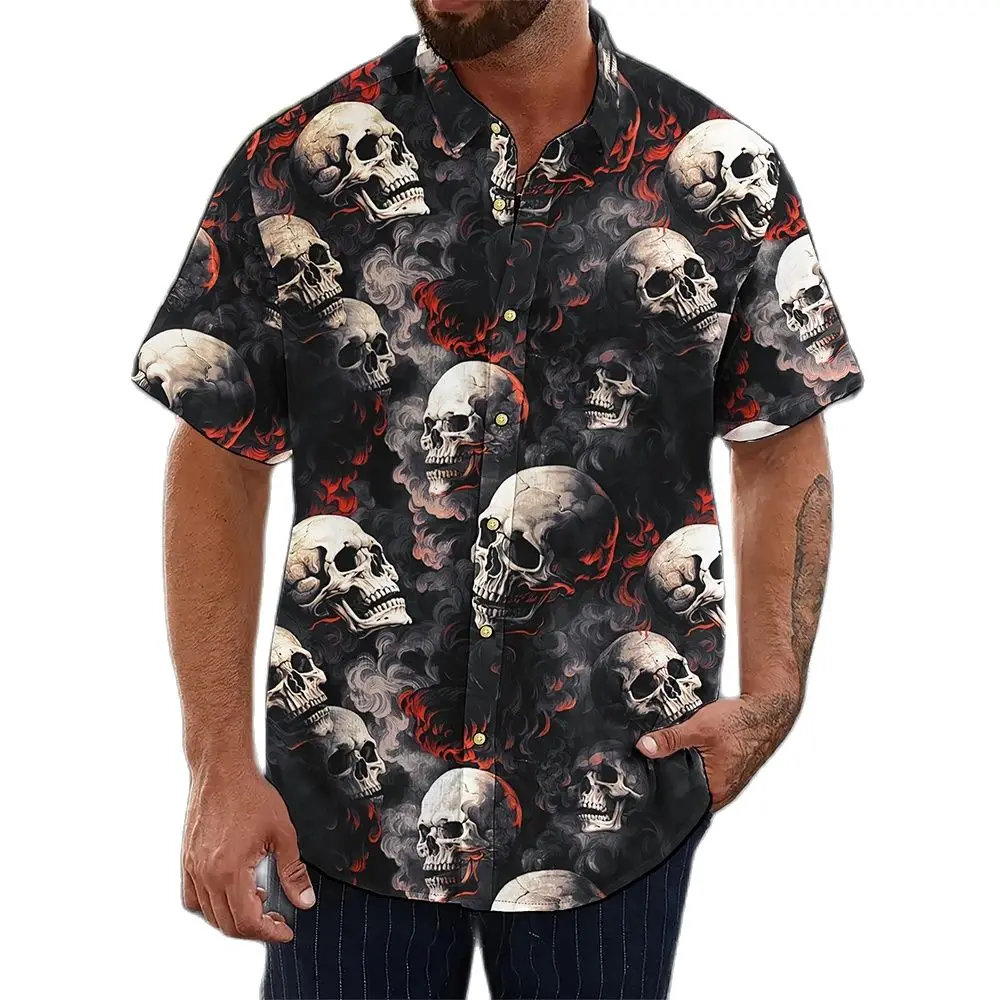 Men\'s Short-Sleeved Shirt Vintage Horror Skull Print Everyday Casual Street Trend Party Wear With Men Oversized Shirt Tops S-5XL