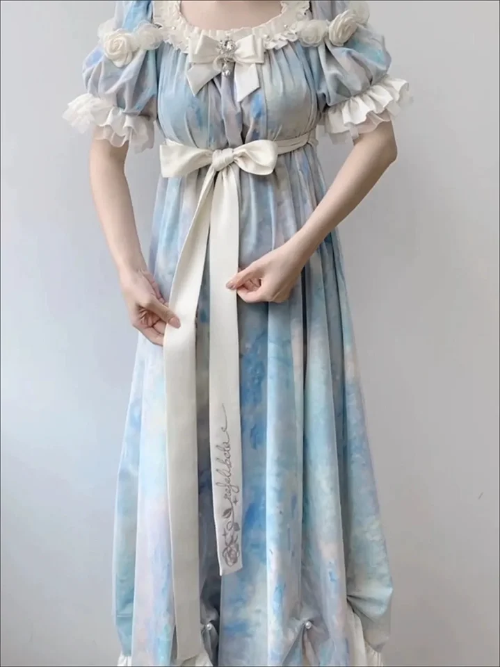 

Women's High Sense 3d Flower Lolita Princess Dress Summer Bubble Short Sleeve Long Dress Sweet Court Style Square Neck Dress