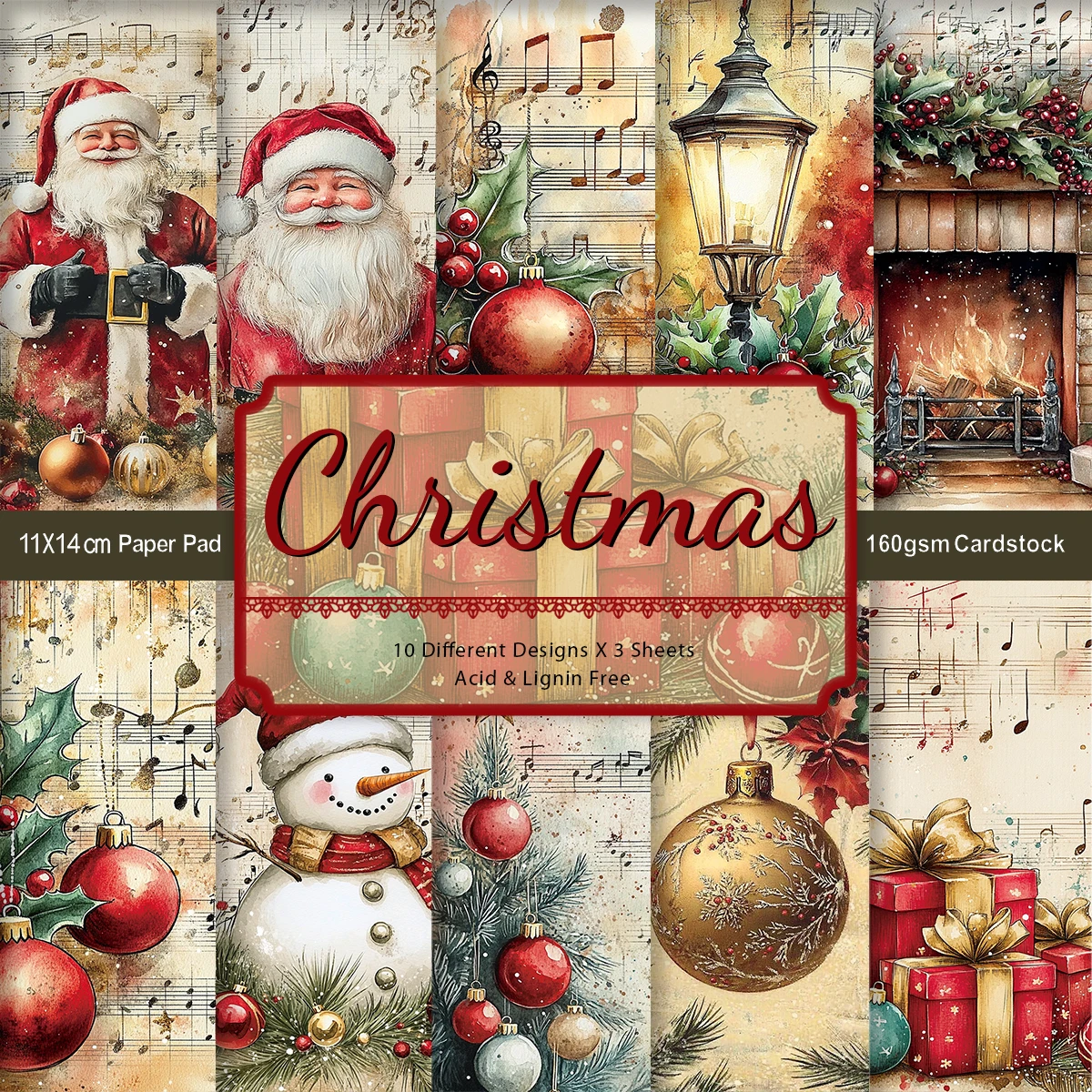 30 Stück weihnachtliches dekoratives Papier – Vintage-Designs mit Weihnachtsmann-Musiknoten, für DIY-Tagebücher, Kunsthandwerk, Geschenkverpackung, Hintergrundpapier