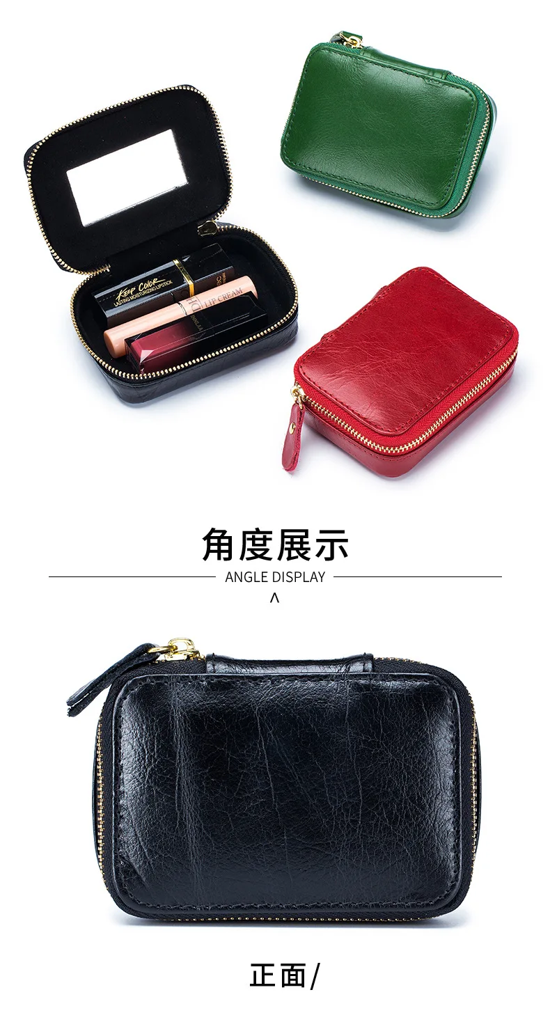 Lady Genuine Leather Lipstick Square Small Bag with Mirror Cowhide Cute Makeup Bag for Women's Jewelry Box Mini Coin Storage Bag