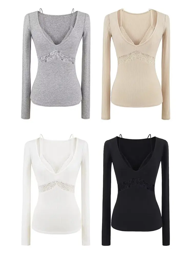 Pure Desire Sexy Long Sve T-irt Lace Hollow out Splice Slimming Waist Top for Women Street Sle ort Sve V Ne