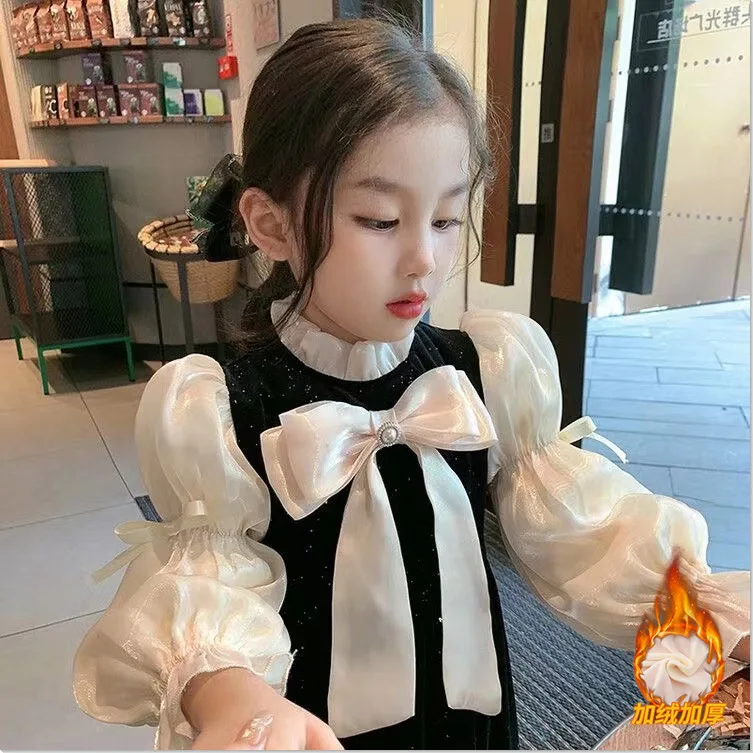 2024 Autumn and Winter New Children Clothing Medium and Big Children Korean Girl Temperament French Velvet Temperament Skirt