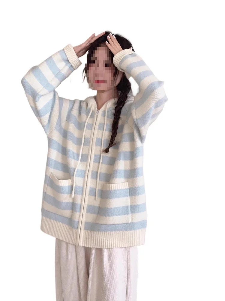 الكورية Sle كلية الرياح سترة Jaet المرأة الجديدة محبوك التخسيس مقنعين سترة مفتوحة فضفاضة أعلى الخريف الشتاء