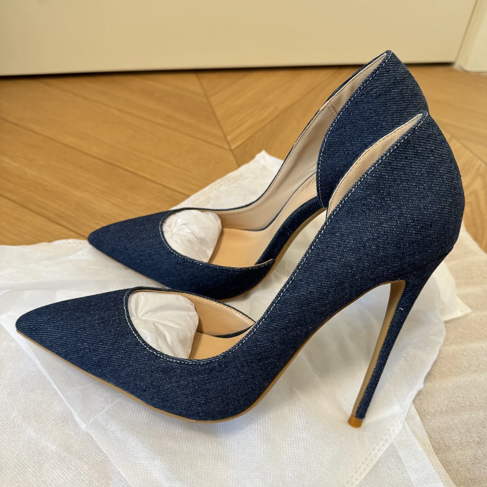 Tikicup Classic Denim Pointed-Toe High Heels for Women Slim Stiletto Cutout Pumps Comfortable Casual Chic Outfits,Office Looks