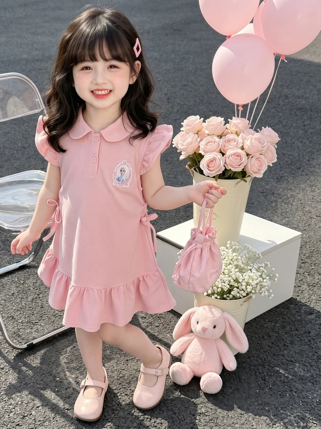 Vestido de Verão para Meninas com Manga Fina, Estilo Cartoon, Material de Algodão, Manga Curta, Corte Solto, Uso Diário, Amado pelas Crianças