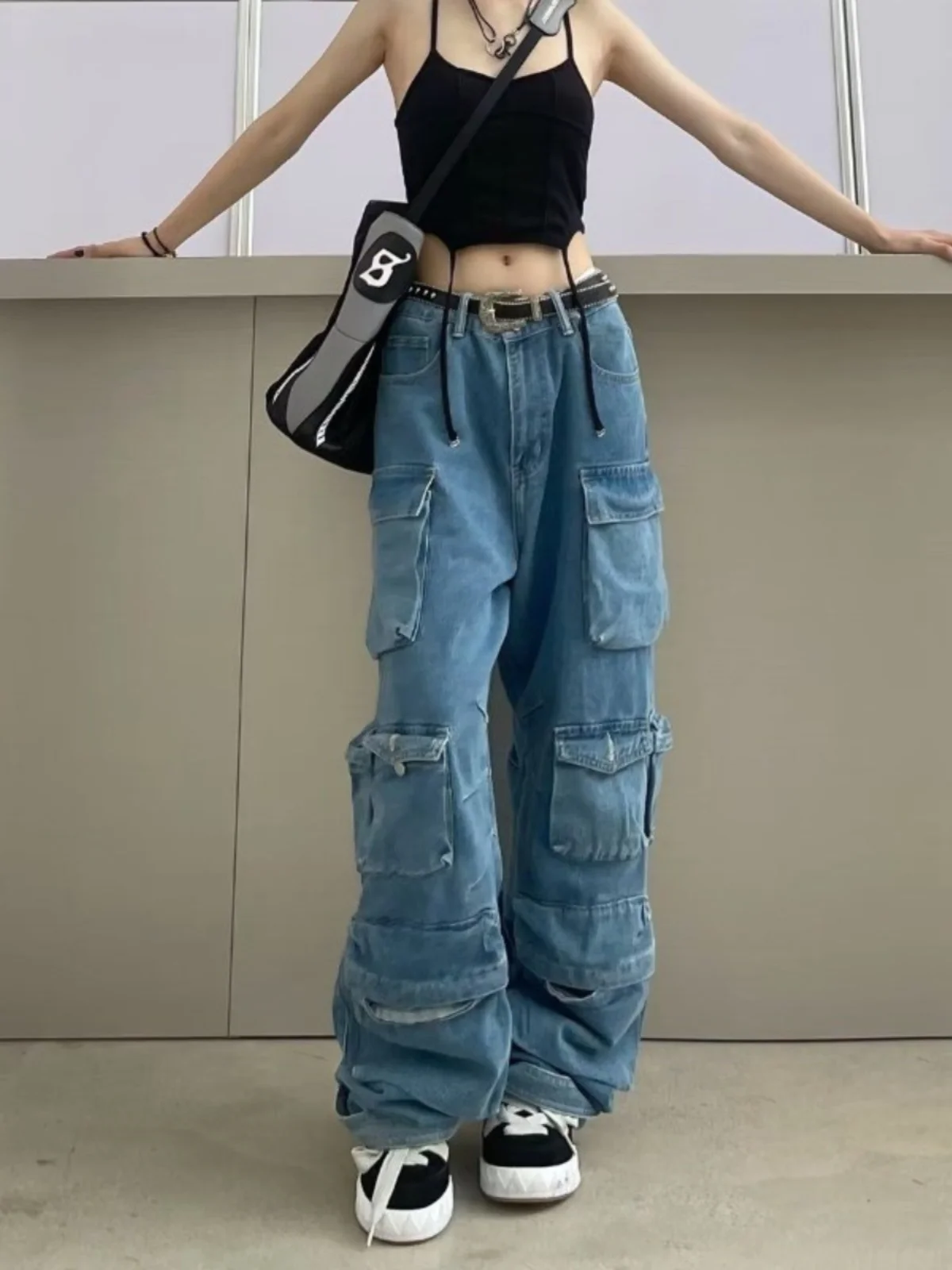 Aged Long Wide Leg Pants High Waist Workwear Trousers Cotton Denim Casual Pants Fem Spring Faion Elements ket