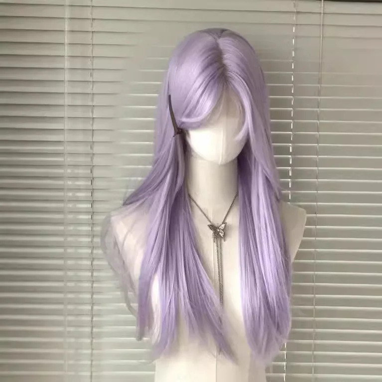 가발 여성 보라색 중간 머리 여름 긴 직선 머리 드림 파우더 풀 헤드기어 긴 직선 머리 코스 풀 헤드기어
