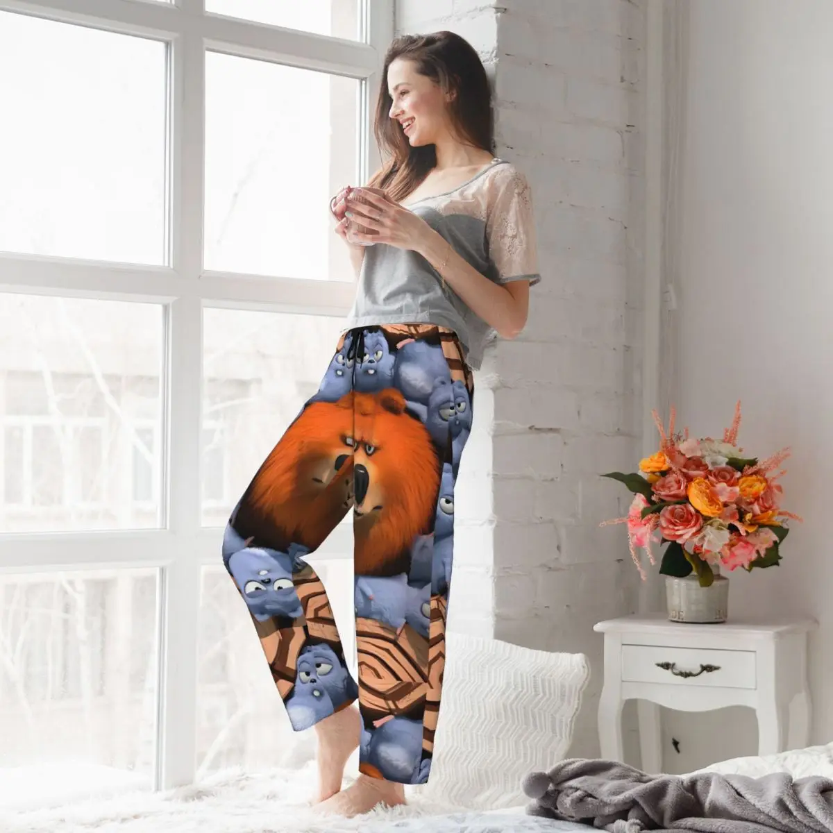 Custom Printed for Women Cute Grizzy And The Lemmings Cartoon Pajama Pants Sleepwear Sleep Lounge Bottoms with Pockets view 6