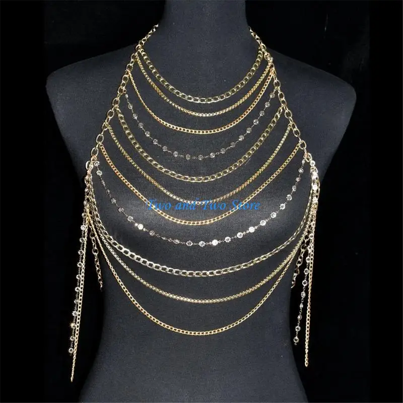 

HX6F Crystal Chest Chain Layered Rhinestones Body Jewelry Camisole for Women