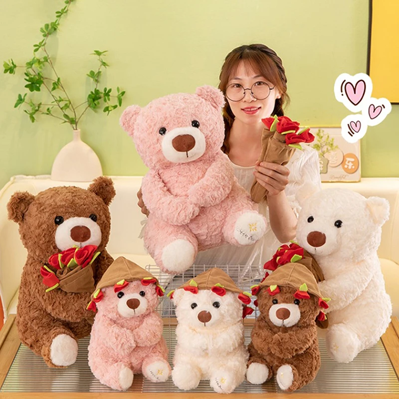 

1 Piece Soft Bear Stuffed Doll Romantic Gift For Lover Kawaii Bear With Roses Plush Toy Home Decoration Valentine's Day Gifts