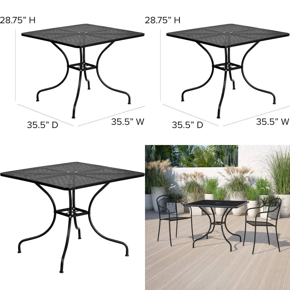 

35.5 Square Black Steel Patio Table with Umbrella Hole for Indoor and Outdoor Use