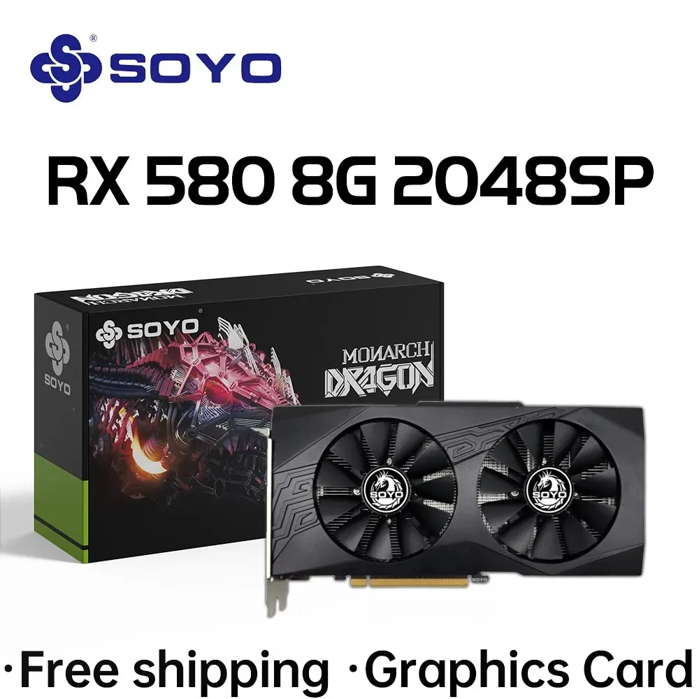 SOYO 오리지널 라데온 RX580 8G 그래픽 카드 GDDR5 메모리 비디오 게임 카드 PCIE3.0x16 HDMI DP DVI 데스크톱 컴퓨터 AMD 