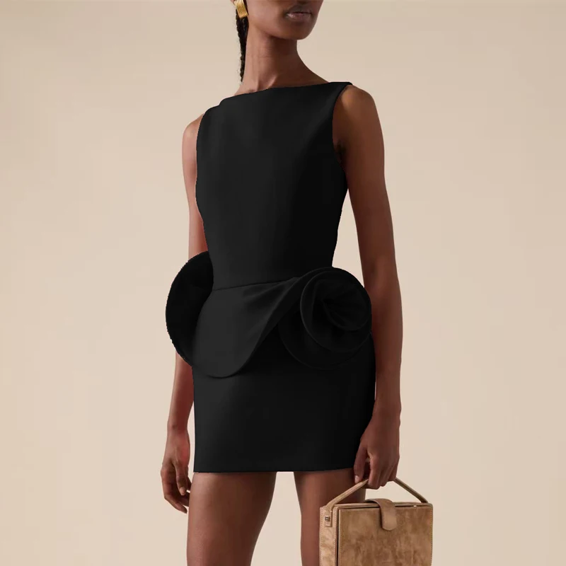 

New sexy solid color backless dress, women's slim fit waist decoration three-dimensional flower party dress