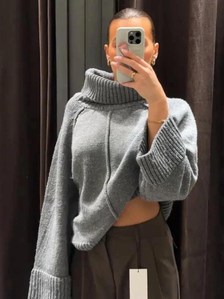Camisola de gola alta feminina oversize inverno vintage malha cinza camisola pulôver feminino macio cinza quente camisola para mulher