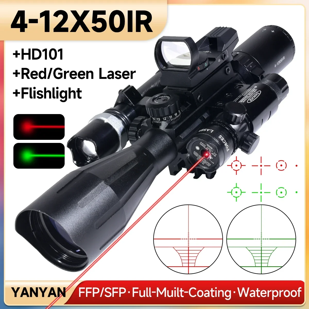 

4-12X50IR Tactical Scope Long Range Sniper Riflescope with Laser Flashlight Red Dot Combo Sight Scope for Hunting Accessory