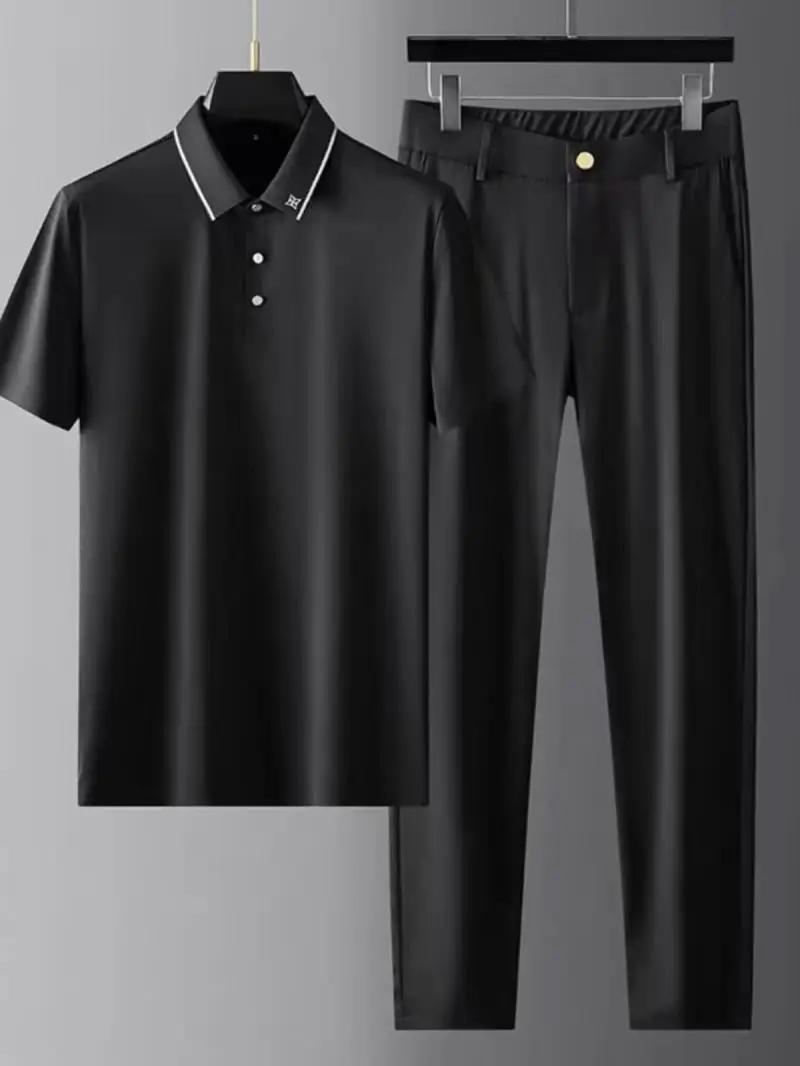 

High-end Experience Silky Elastic Summer Ultra-thin Ice Silk Short Sleeve Turn-down Collar Casual Fashion Suit for Men