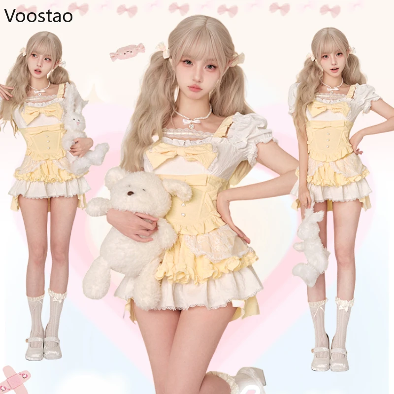 Sweet Lolita Style Skirt Set Women Kawaii Lace Ruffles Bow Slim Blouse Cute Mini Cake Skirts Suits Female Korean Y2k 2 Piece Set